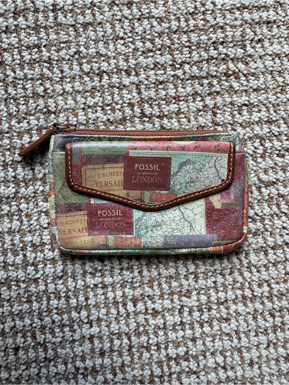 Fossil Patchwork Map Zip Wallet in Brown, Green, Red